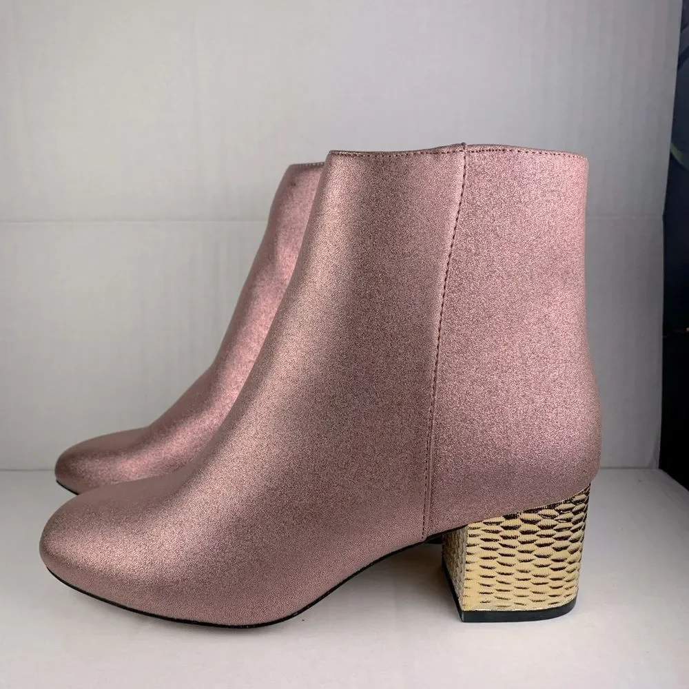ASOS pink shimmer ankle bootie gold textured gold block heels